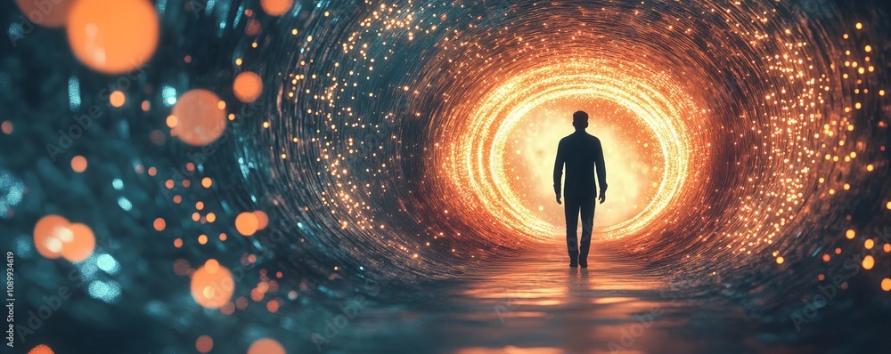 Poster exploring the siamrat infinity tunnel a journey through a spiraling grid of glowing lights a mystica