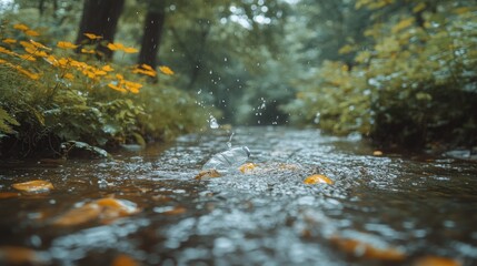 Fototapeta premium Rain falling on stream in forest.