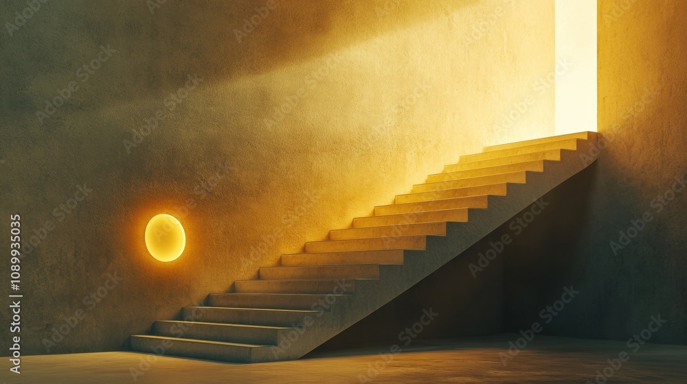 Leinwandbilder Staircase ascends towards a bright doorway, with soft light cascading down and a glowing orb adding warmth to the minimalist setting. Generative AI