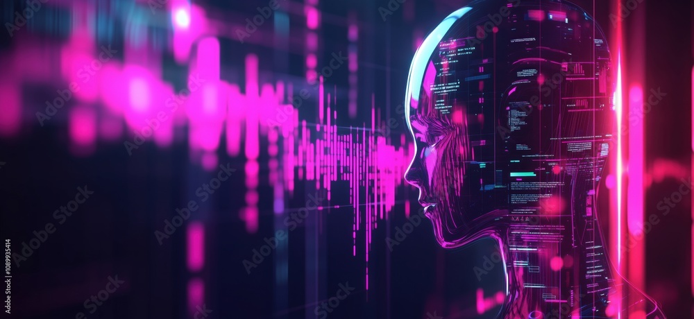 Poster futuristic ai profile with digital data visualization, showcasing advanced technology and artificial