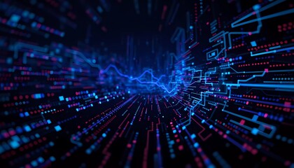 Fototapeta premium This vibrant graphic presents a dynamic view of digital technology with flowing data streams and colorful audio wave patterns. It embodies a futuristic representation of tech innovation. Generative AI