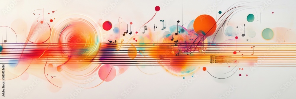 Poster this artwork blends vibrant colors and fluid shapes of sound waves, notes, and instruments, creating