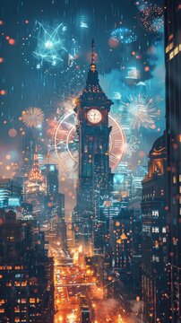 A tall clock tower stands in the middle of a city skyline with fireworks exploding in the night sky.