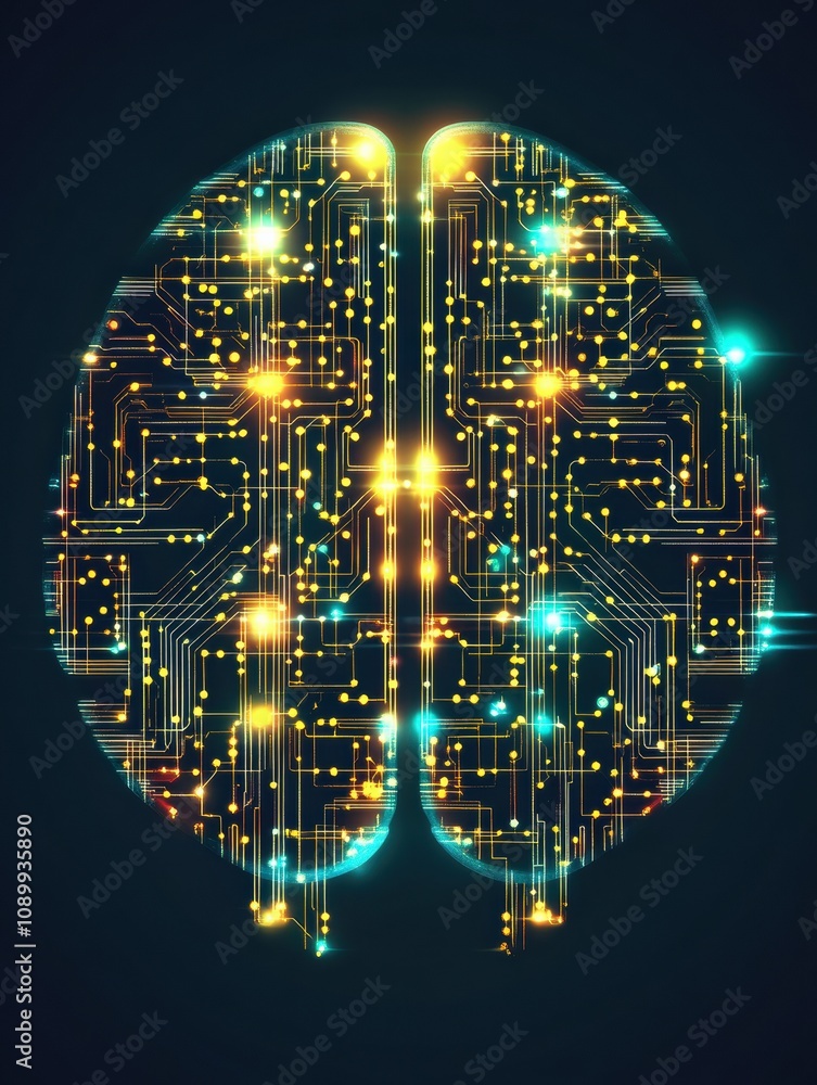 Leinwandbilder This artwork features an abstract digital brain illuminated with colorful lights, representing advanced technology and neural pathways. Generative AI