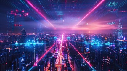 Obraz premium Futuristic cityscape with glowing neon lights and flying drones at night.