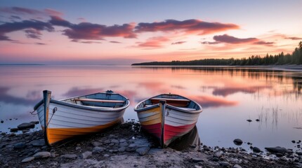 Fototapeta premium Rowboats Resting on the Calm Shores of a Karelian Lake at Sunset. Generative AI