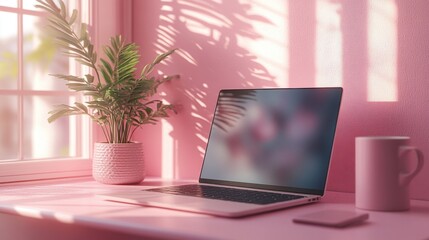 Fototapeta premium Laptop computer sitting on a desk next to a plant and a cup