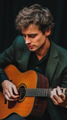 Obraz premium A musician dressed in formal attire passionately plays an acoustic guitar. He is absorbed in the moment, surrounded by a dark, elegant backdrop that enhances the ambiance