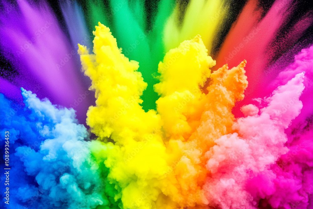 Poster vivid color explosion of powder in a beautiful rainbow spectrum displaying energetic splashes and dy