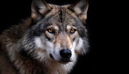 Fototapeta premium majestic adult wolf portrait on deep black background piercing eyes detailed fur texture 