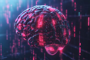 A colorful abstract digital brain is depicted, highlighting intricate neural pathways and data connections in a futuristic setting. Generative AI