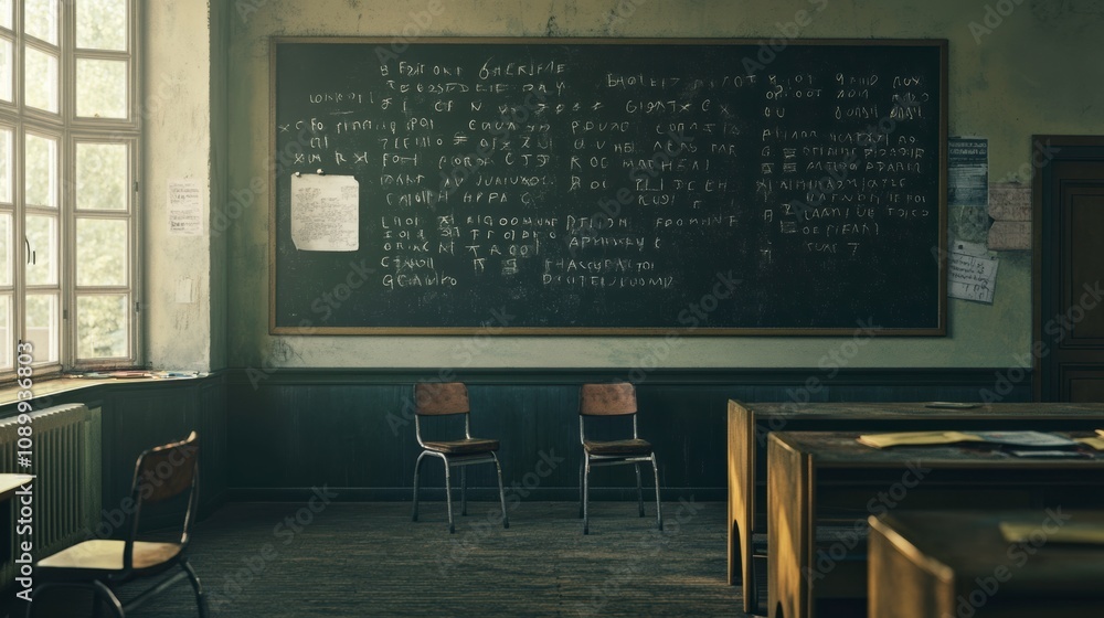 Poster empty classroom with black chalkboard adorned by letters and numbers showcasing educational themes. 