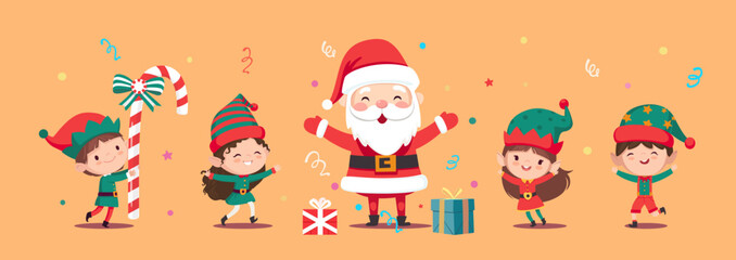 Illustration of Christmas elves and Santa Claus jump and dance joyfully. Set of little Santa's helpers with holiday gifts and decorations. Adorable cartoon characters. Flat vector illustration.