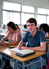Fototapeta premium Vertical. Portrait confident young Caucasian man student sitting at desk with classmates in classroom. Group high school people working concentrated in class. Adolescent male poses looking at camera