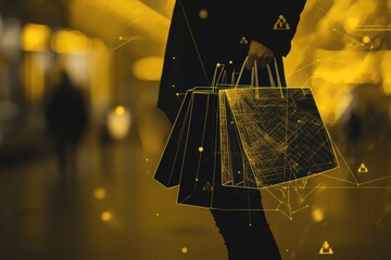 A person in an urban scene holds shopping bags, immersed in a vibrant, abstract digital atmosphere suggesting a lively shopping experience. Generative AI