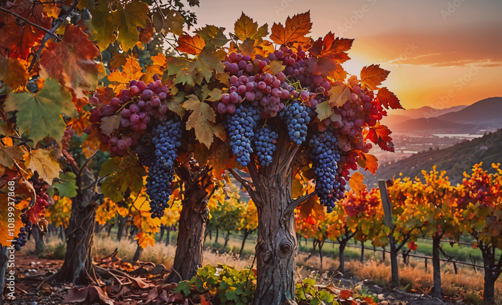 Poster a vineyard with a tree full of grapes and leaves. the grapes are ripe and ready to be picked