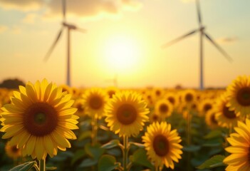 Bright sunflowers bask in the evening sun with wind turbines in the background
