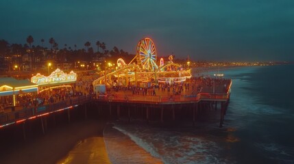 Naklejka premium Nighttime amusement park on pier, ocean view.