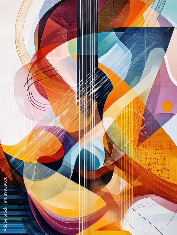 Poster colorful swirls and shapes convey the essence of sound waves, musical notes, and various instruments