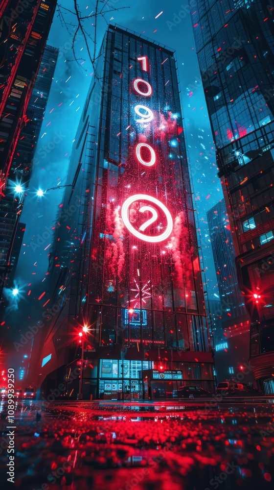 Poster a futuristic cityscape with a towering building displaying the year 2021 in neon lights.
