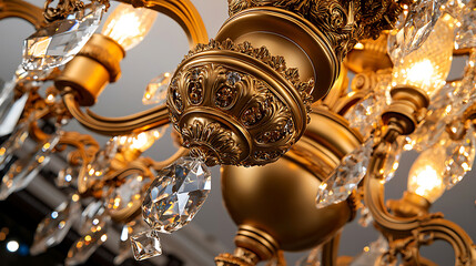 Elaborate golden chandelier captured from below, with intricate crystal details and warm glowing light, exuding purity and luxury, selective focus on foreground, copy space for text, ultra HD, 