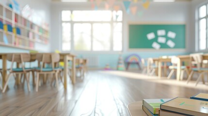  Bright and colorful kindergarten classroom with wooden furniture and educational decor for playful...