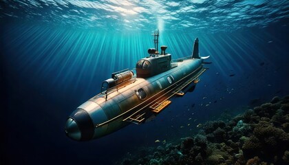 Naklejka premium Submarine Underwater Exploring the Mysterious Depths 