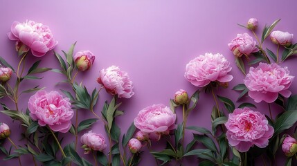 Fototapeta premium Elegant floral arrangement featuring peonies on a soft purple background suitable for design and decor inspiration mockup, mock up, template, empty, for text, place, copyspace, copy space
