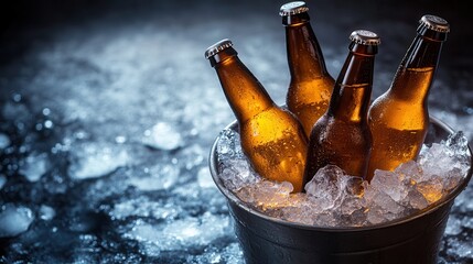 Chilled beer bottles sitting in an ice bucket ready for a summer gathering