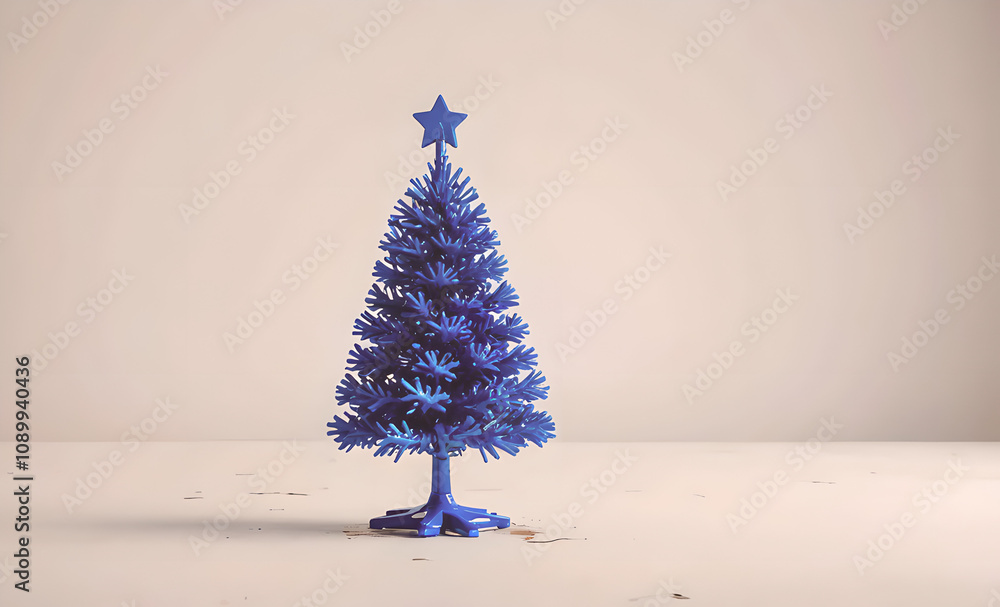 Poster a blue christmas tree with a star on top. the tree is small and placed on a white surface