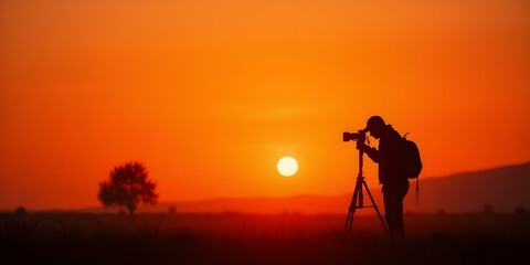 A silhouette of a photographer taking a picture of a sunset over a landscape with palm trees