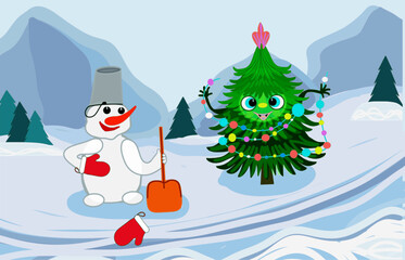 Christmas tree with lights, snowman with shovel, cartoon characters, winter nature background, mountains, trees, snow, postcard template