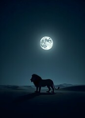A large full moon in a dark night sky, with the silhouette of a lion standing on a hill in the foreground