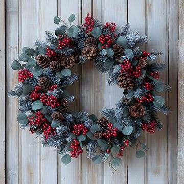 Beautifully aranged Christmas wreath on the door
