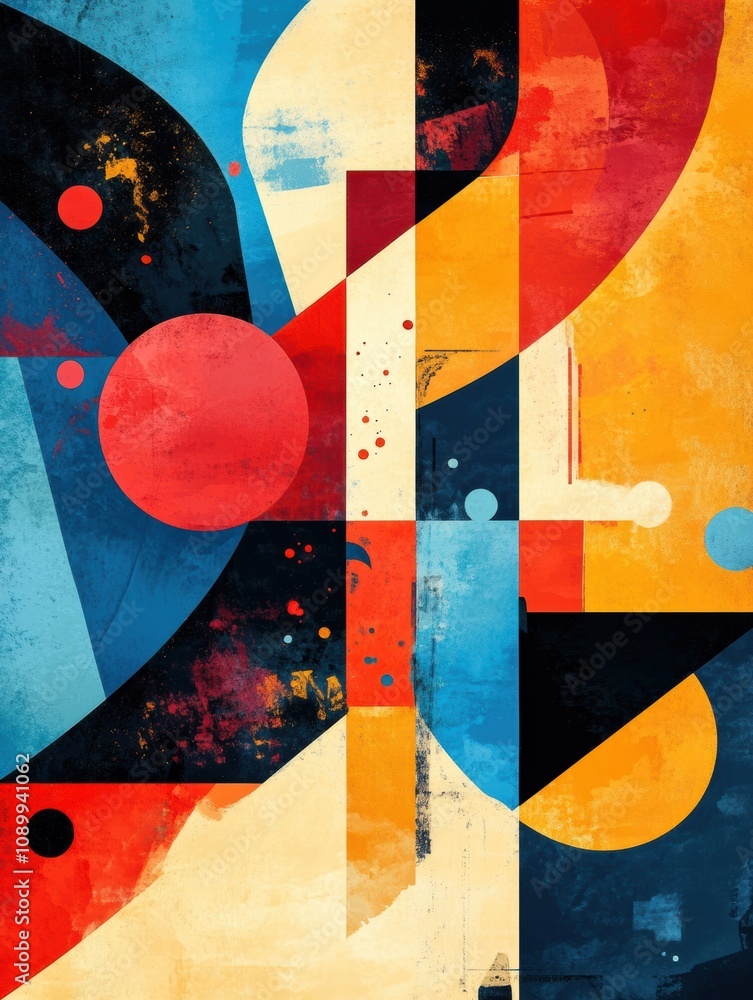Fototapete Bold colors and overlapping geometric forms create an energetic composition filled with abstract paint strokes and circular patterns. Generative AI