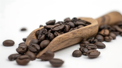 Roasted coffee beans and wooden scoop on white background. Perfect for coffeerelated designs, food blogs, and cafe promotions.