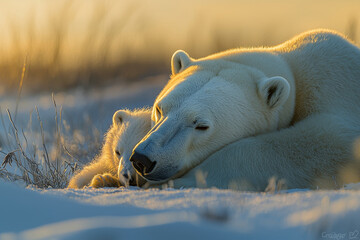 Close-up of a polar bear tenderly nuzzling her cub