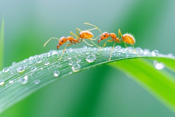 Naklejka premium Ants climbing a tall blade of grass, morning dew glistening, natural close-up, serene and lively