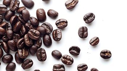 Dark brown roasted coffee beans scattered on a white surface. Suitable for coffee shop promotions, social media posts, and cafe menus.