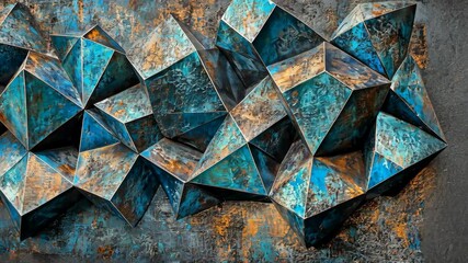 Close-up view of a striking abstract sculpture featuring geometric shapes and a weathered metallic finish - Powered by Adobe