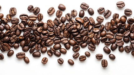 Scattered dark roasted coffee beans on white background. Suitable for coffee shop websites, social media posts, and food blogs.
