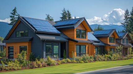 Fototapeta premium A row of contemporary houses featuring solar panels on the roofs, nestled among vibrant foliage with majestic mountains in the background under clear blue skies.
