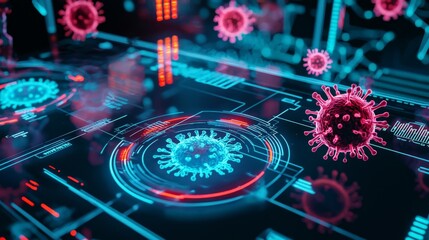 A futuristic warning system activating a virus alert, with holographic displays and intense colors