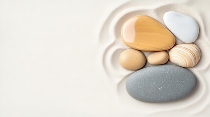 Organic polished pebble on matte sand, minimalist natural contrast, tranquil and earthy composition
