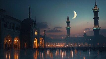 Obraz premium A beautiful evening scene of the Kaaba, moon visible in the sky, soft light on the mosque, worshippers performing Tawaf in harmony 