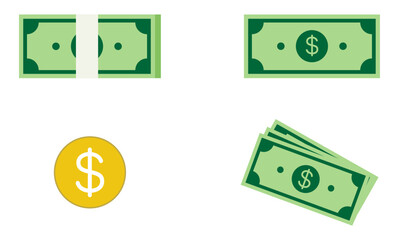 Collection of Dollar currency illustrations in various forms, money signs, vector illustration, yellow Dollar coin, Dollar, white background.