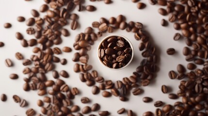 Spiral pattern of coffee beans around a cup, great for coffee shop marketing materials and brand promotions. Ideal for coffeerelated designs.