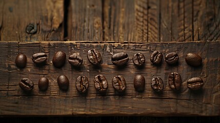 Dark coffee beans on rustic wood, creating a pattern. Perfect for coffee shop menus, social media posts, and food blogs.