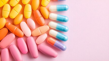 Macro shot of a mix of vitamins, painkillers, and antibiotics, arranged neatly, showing details of coatings, shapes, and various colors, set on a bright background