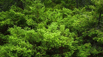 Obraz premium Lush Dense Coniferous Forest Featuring Vibrant Evergreen Trees in a Natural Habitat, Showcasing the Beauty of Green Foliage and Woodland Ecosystem